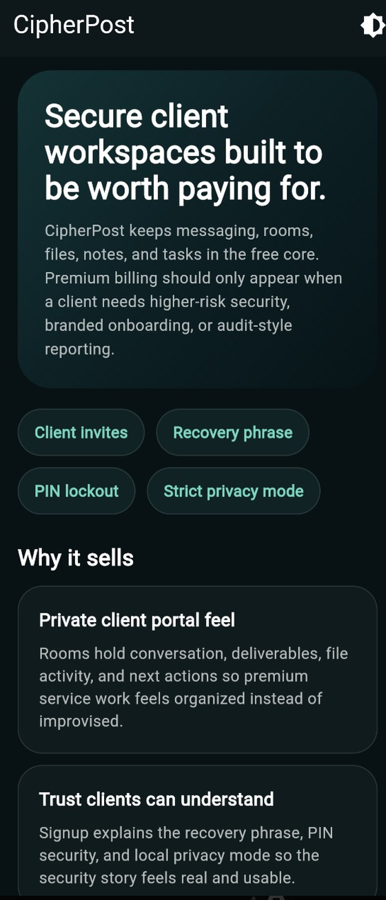 CipherPost on Android: a dark interface introducing secure client workspaces, with client invites, recovery phrase, PIN lockout and strict privacy mode